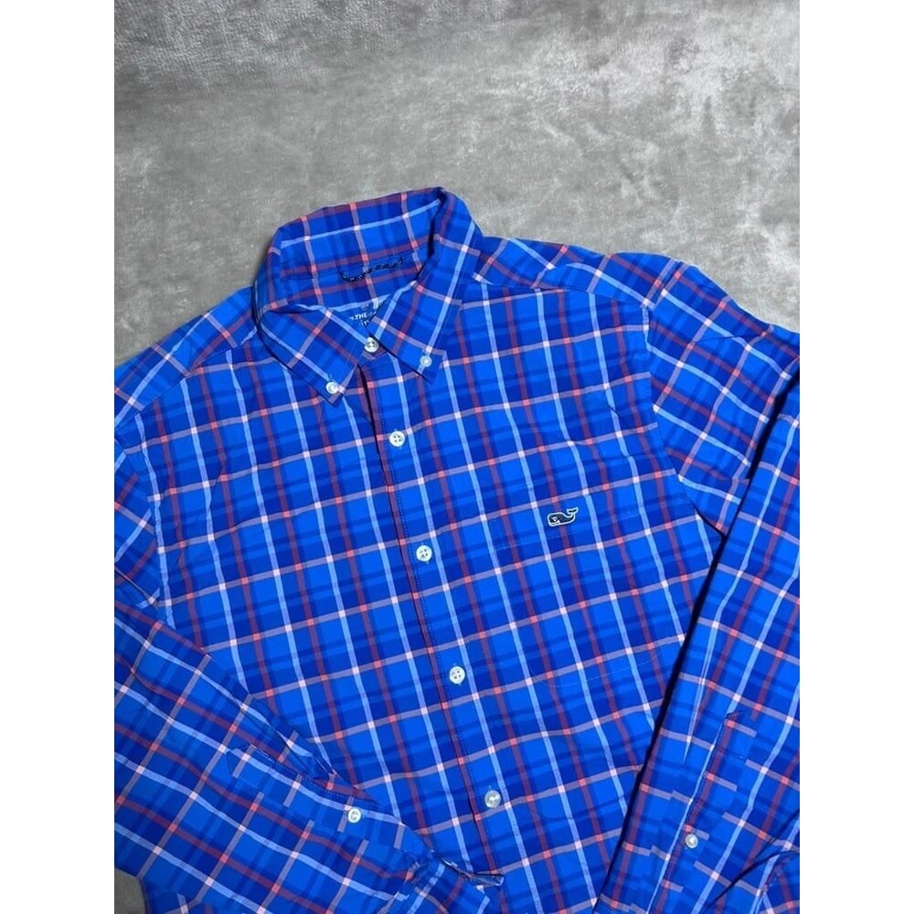 Vineyard Vines Shirt Men Medium Blue Plaid On The Go Performance Button Down